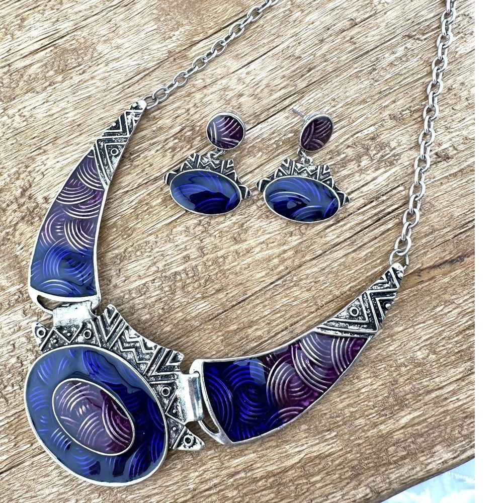 Thalia Sodi Statement Necklace & Earrings Set Cobalt Blue &‎ Purple Bib NWT